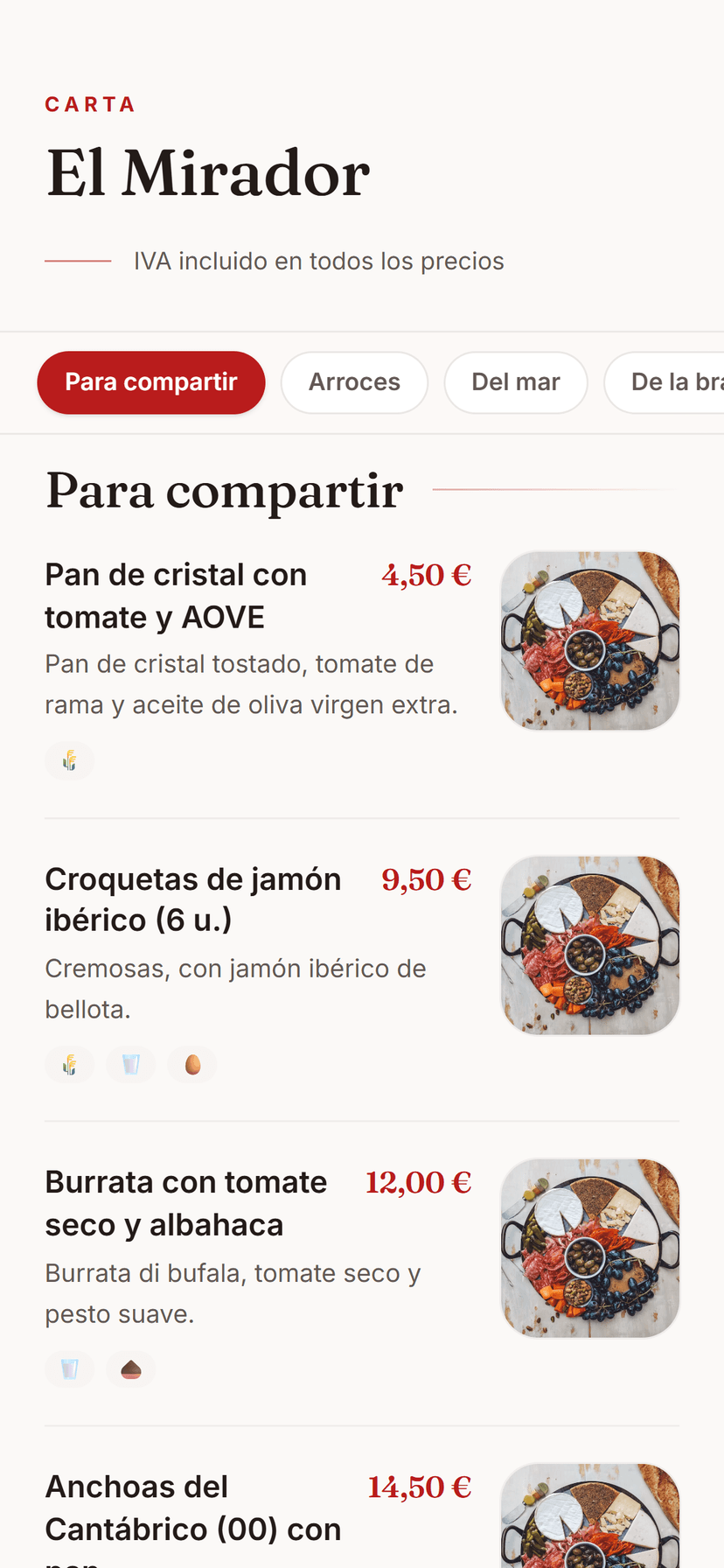 Carta QR en el móvil del cliente